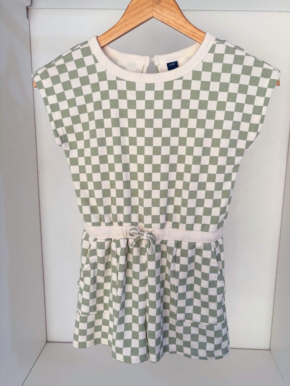 Old Navy Girls Sage and White Checkerboard Drawstring Romper